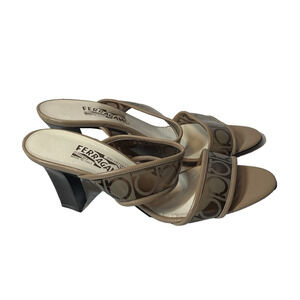 SALVATORE FERRAGAMO Brown Beige Clear Straps Slides Slip On Heels Sandals Sz 8.5